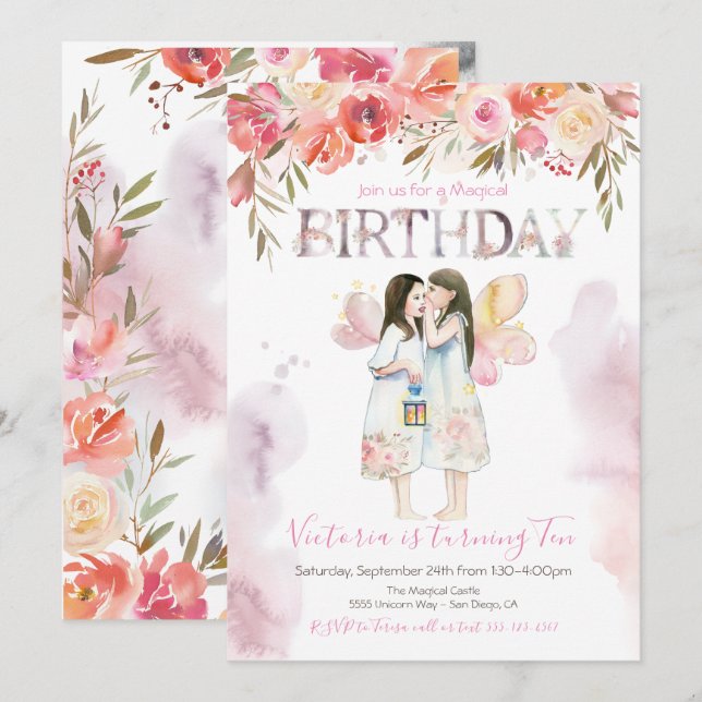 Invitación al cumpleaños de Watercolor Fairy (Anverso / Reverso)
