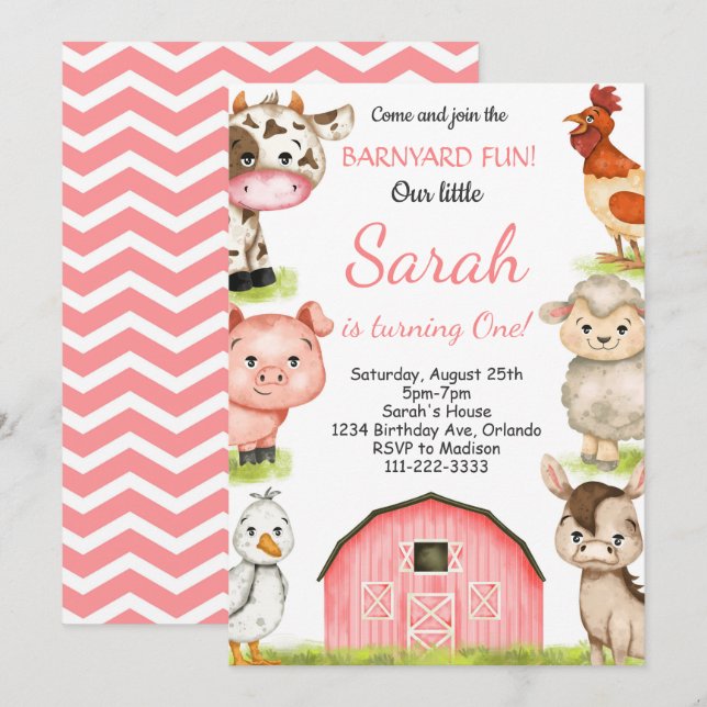 Invitación al cumpleaños de Watercolor Girly Farm (Anverso / Reverso)