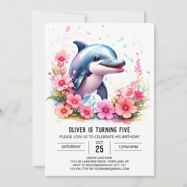 Invitación al cumpleaños de Whimsy Baby Dolphin (Anverso)