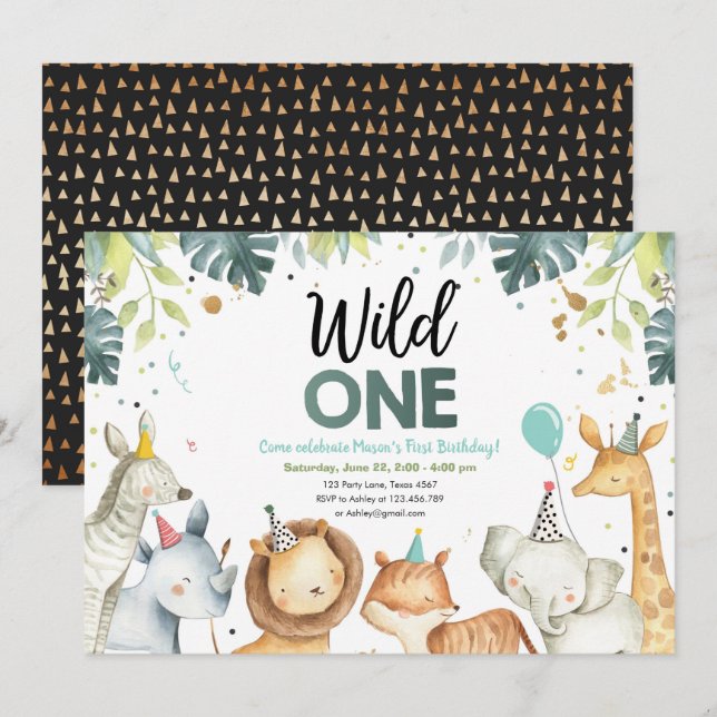 Invitación al cumpleaños de Wild One Safari Animal (Anverso / Reverso)