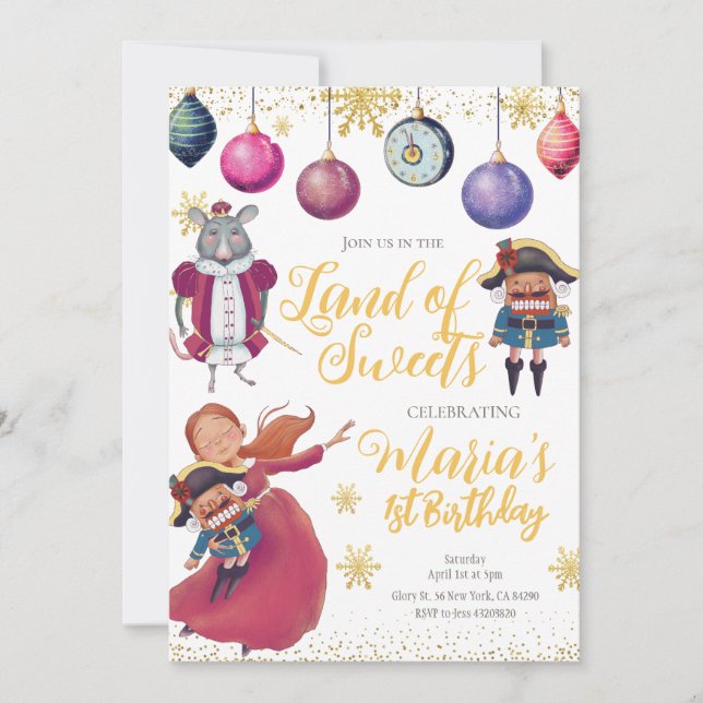 Invitación al cumpleaños de Winter Gold Nutcracker (Anverso)