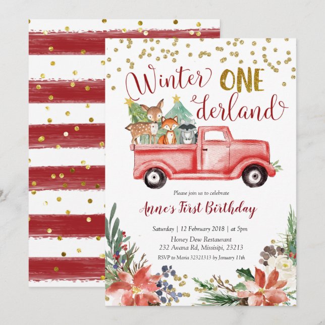 Invitación al cumpleaños de Winter onederland wood (Anverso / Reverso)
