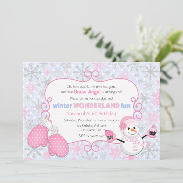 Invitación al cumpleaños de Winter Wonderland (Anverso de pie)