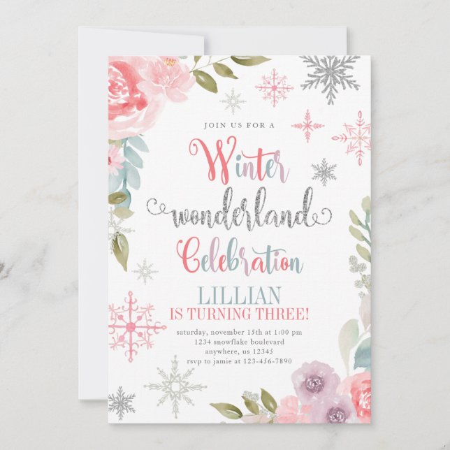 Invitación al cumpleaños de Winter Wonderland con  (Anverso)
