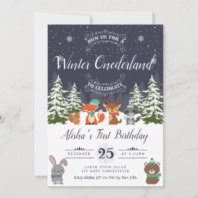 Invitación al cumpleaños de Winter Woodland (Anverso)