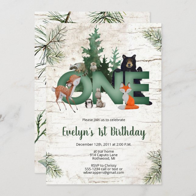 Invitación al cumpleaños de Winter Woodland - Prim (Anverso / Reverso)