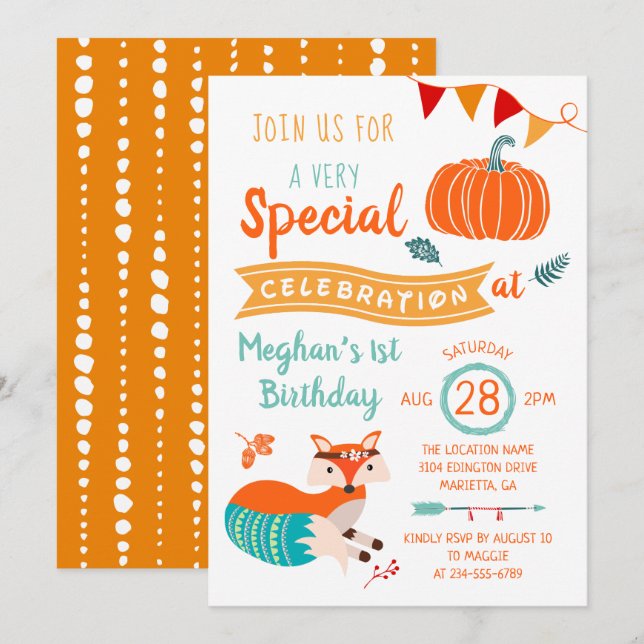 Invitación al cumpleaños de Woodland Fox Pumpkin (Anverso / Reverso)