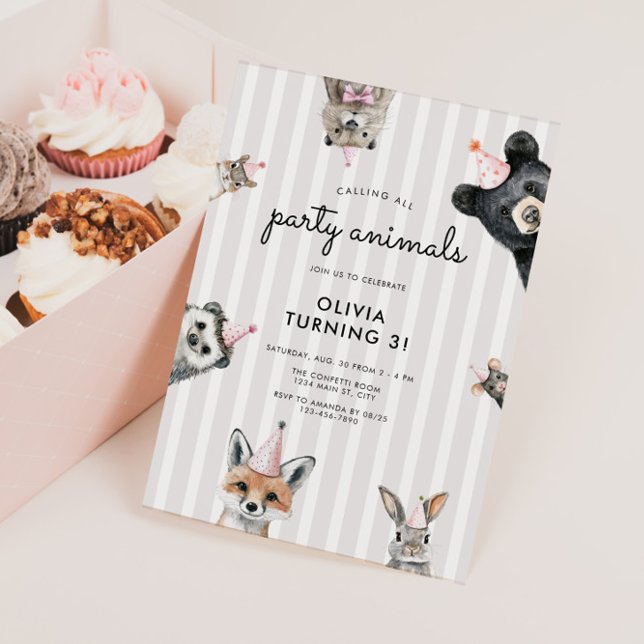 Invitación al cumpleaños de Woodland para fiestas  (Party Animals Woodland Birthday Invite)