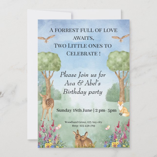 Invitación al cumpleaños de Woodland - Selva gemel (Anverso)