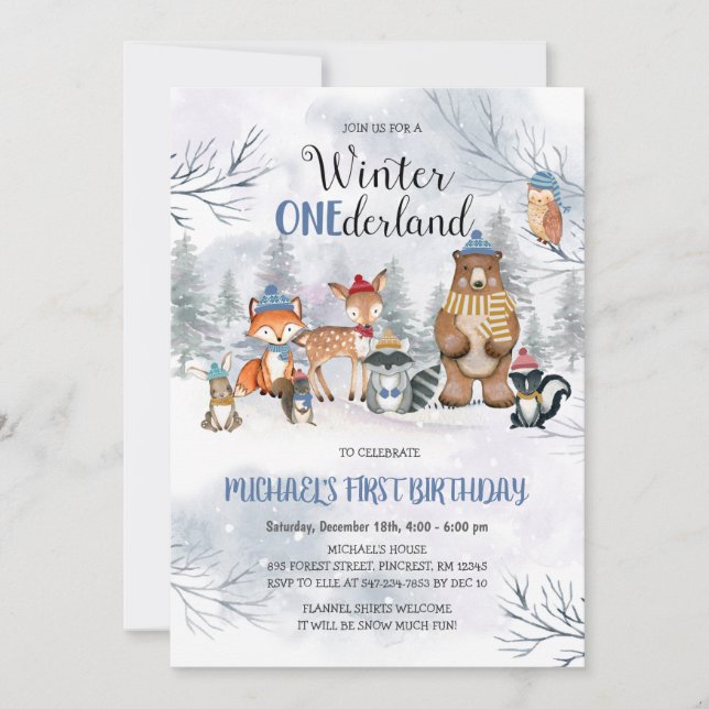 Invitación al cumpleaños de Woodland Winter ONEder (Anverso)