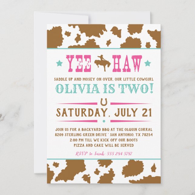 Invitación al cumpleaños de Yee Haw Rodeo Cowgirl (Anverso)