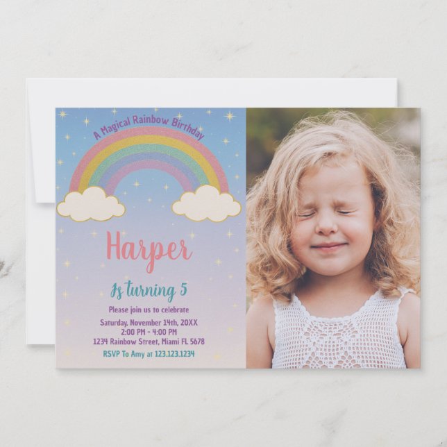 Invitación al cumpleaños del arcoiris Boho Pastel (Anverso)