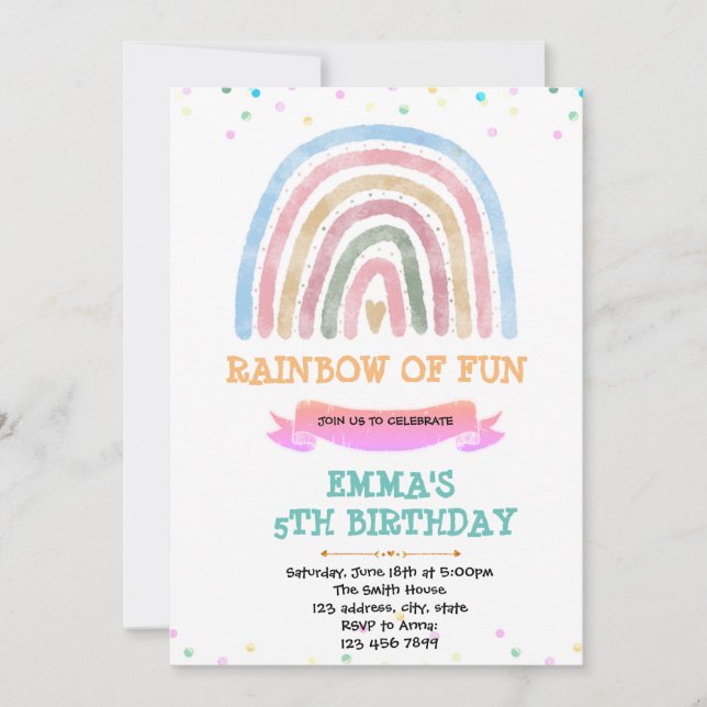 Invitación al cumpleaños del arcoiris de Cuho Boho (Anverso)
