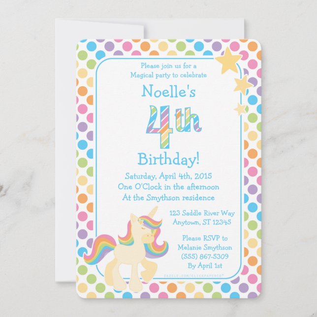 Invitación al cumpleaños del arcoiris de Unicornio (Anverso)