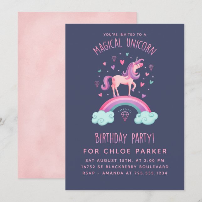 Invitación al cumpleaños del arcoiris de Unicornio (Anverso / Reverso)