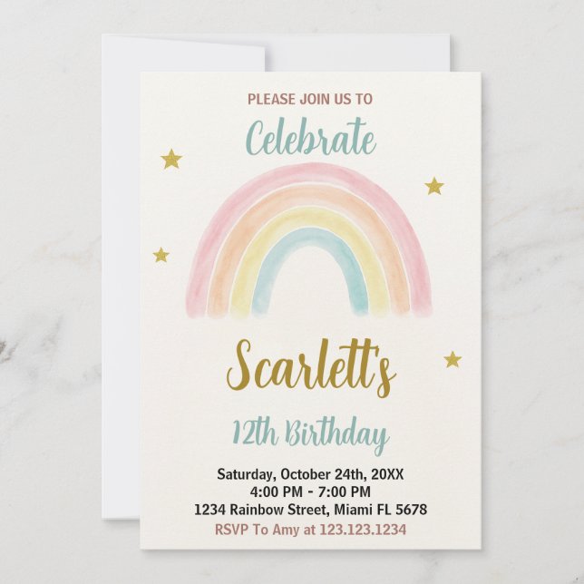 Invitación al cumpleaños del arcoiris dulce (Anverso)