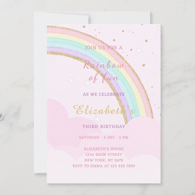 Invitación al cumpleaños del arcoiris nuboso (Anverso)