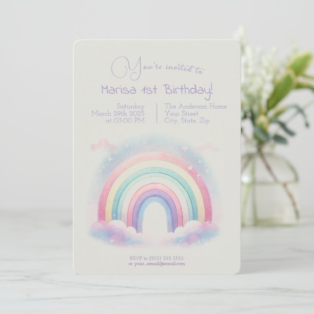 Invitación al cumpleaños del arcoiris Pastel - Inv (Anverso de pie)