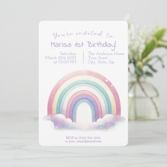 Invitación al cumpleaños del arcoiris Pastel - Inv (Anverso de pie)