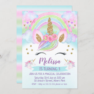 Invitación al cumpleaños del arcoiris Unicornio Pu