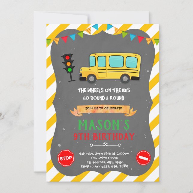 Invitación al cumpleaños del autobús escolar (Anverso)
