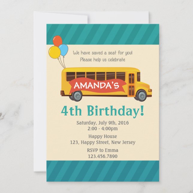 Invitación al cumpleaños del autobús escolar (Anverso)