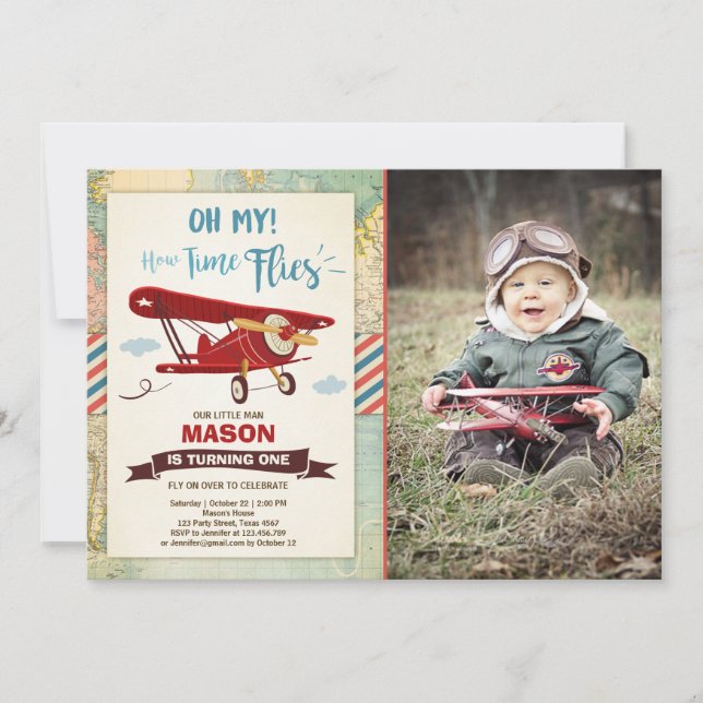 Invitación al cumpleaños del avión vuela al niño (Anverso)