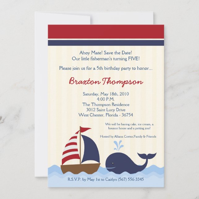 Invitación al cumpleaños del barco náutico (Anverso)