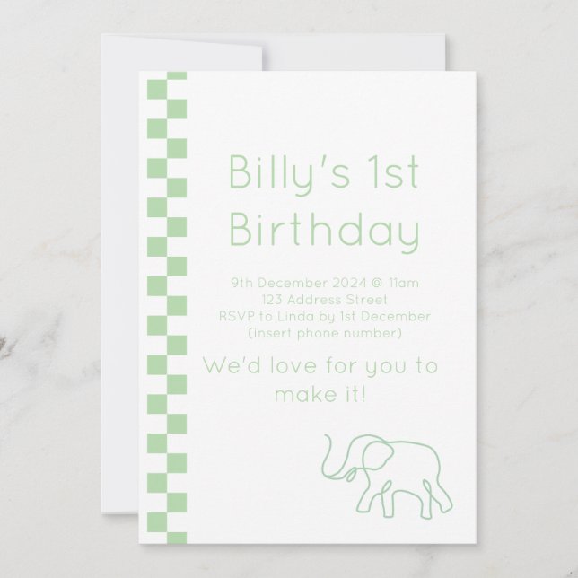Invitación al cumpleaños del bebé verde elefante (Anverso)