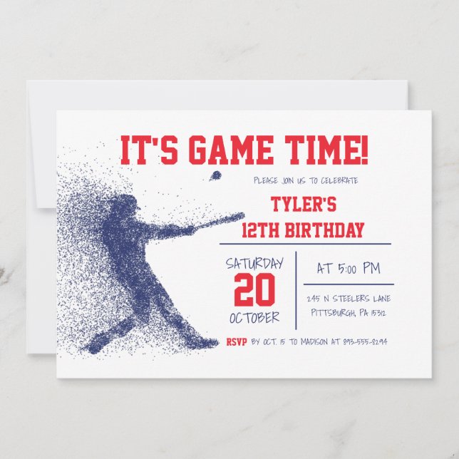 Invitación al cumpleaños del béisbol azul y rojo (Anverso)
