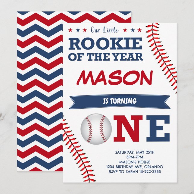 Invitación al cumpleaños del beisbol Rookie del añ (Anverso / Reverso)