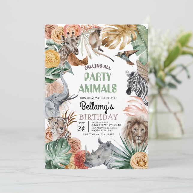 Invitación al cumpleaños del Boho Animal Safari (Anverso de pie)