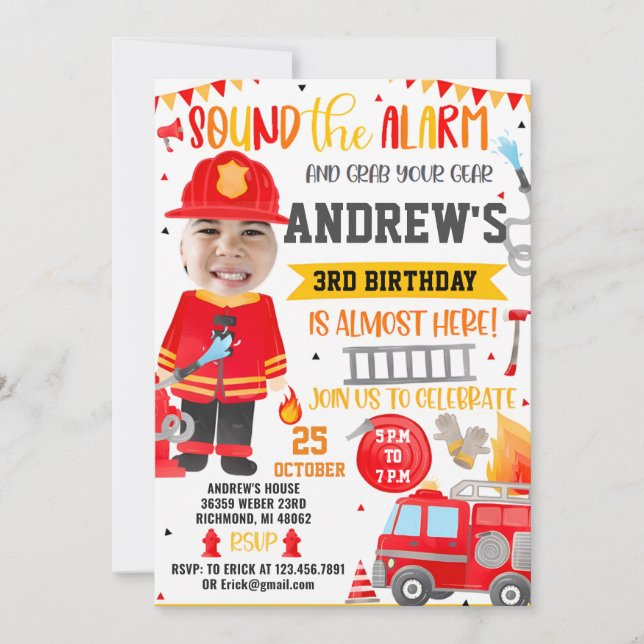 Invitación al cumpleaños del bombero con foto (Anverso)