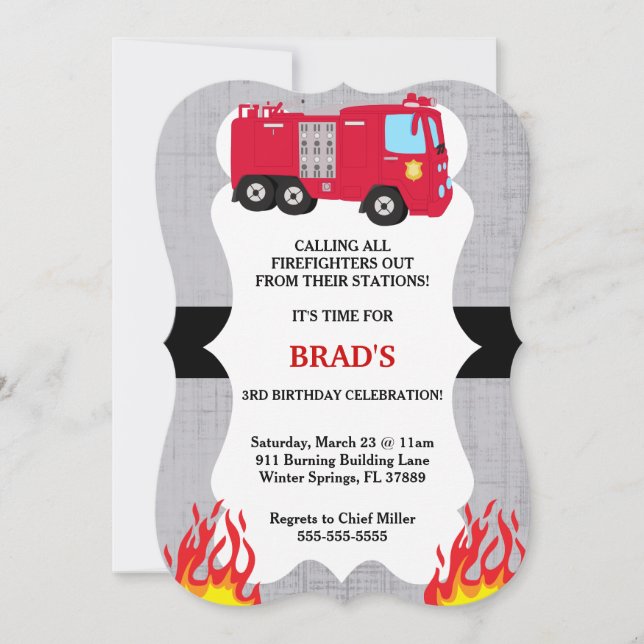 Invitación al cumpleaños del bombero de un camión  (Anverso)