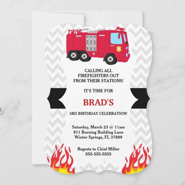 Invitación al cumpleaños del bombero de un camión  (Anverso)