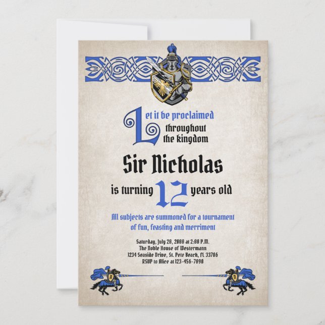 Invitación al cumpleaños del caballero medieval (Anverso)