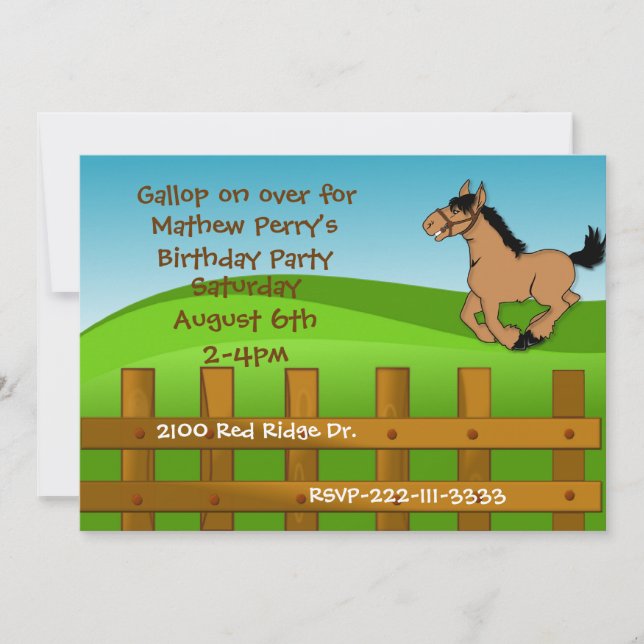 Invitación al cumpleaños del caballo Personalizado (Anverso)