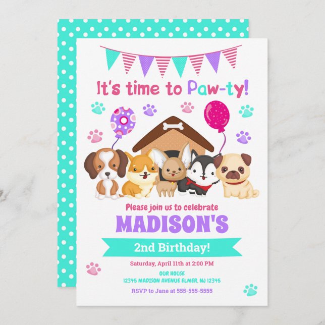 Invitación al cumpleaños del cachorro/Chica Paw-ty (Anverso / Reverso)