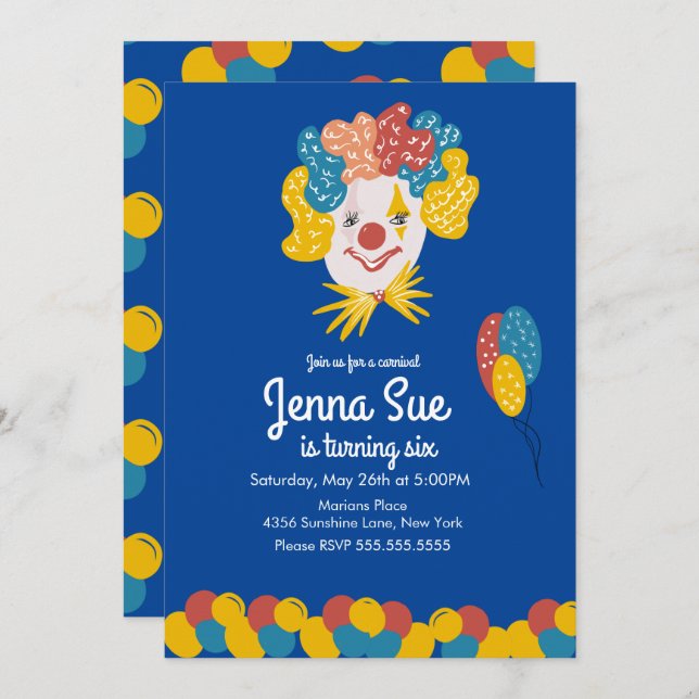 Invitación al cumpleaños del carnaval con payasada (Anverso / Reverso)