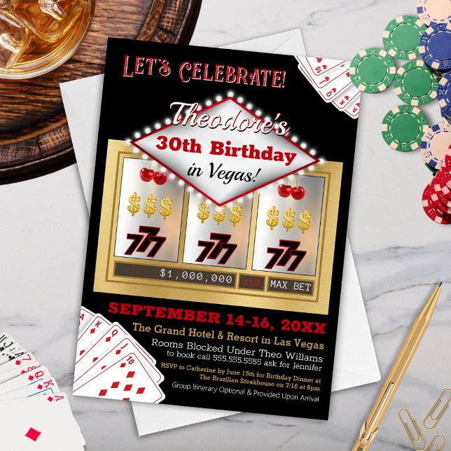 Invitación al cumpleaños del Casino de Las Vegas (Personalized Casino Theme Birthday Invitation with Slot Machine for Las Vegas Gambling Party)