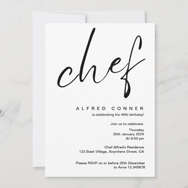 Invitación al cumpleaños del chef culinario (Anverso)