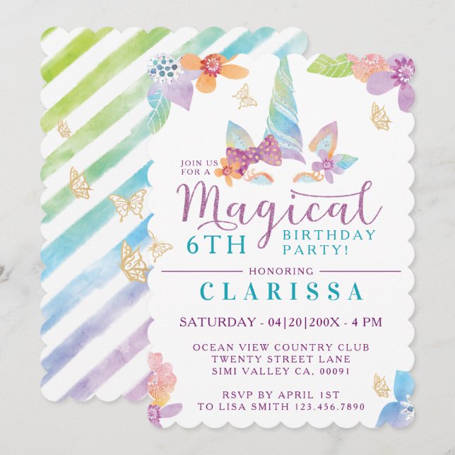 Invitación al cumpleaños del Chica de Unicornio co (Anverso / Reverso)