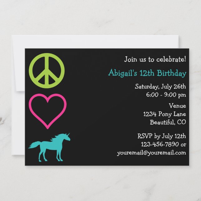 Invitación al cumpleaños del Chica Peace Love Unic (Anverso)