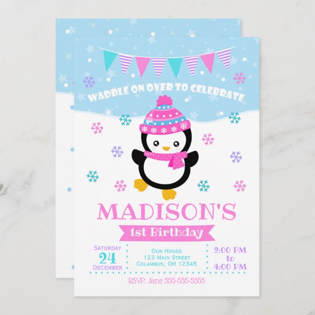 Invitación al cumpleaños del Chica Pingüino/Más Ti (Anverso / Reverso)