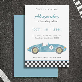 Invitación al cumpleaños del coche de carrera azul