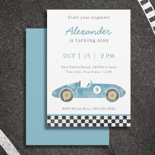 Invitación al cumpleaños del coche de carrera azul