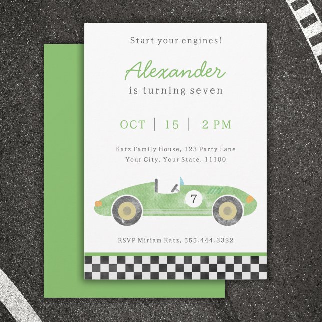 Invitación al cumpleaños del coche de carrera verd (Subido por el creador)
