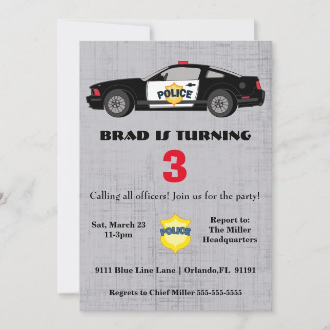 Invitación al cumpleaños del coche de la policía (Anverso)