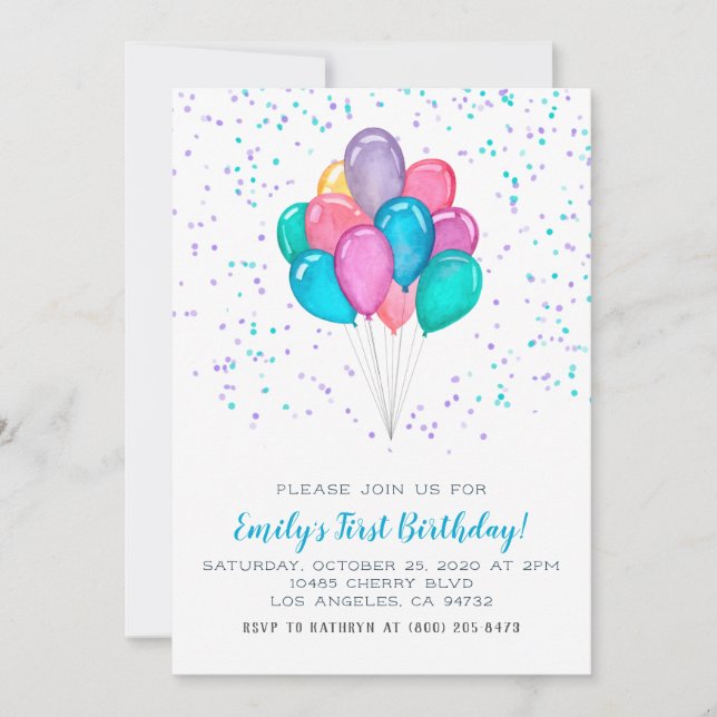 Invitación al cumpleaños del Confetti de los globo (Anverso)