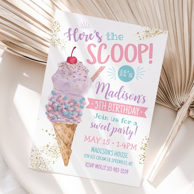 Invitación al cumpleaños del crema de hielo, aquí  (Ice Cream Birthday Invitation)